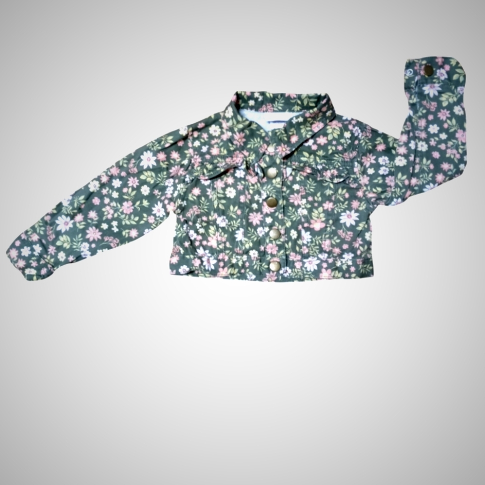 ⭐A) Little Lass Toddler Girls Floral Jacket | Size 2T Green Pink Daisy Print